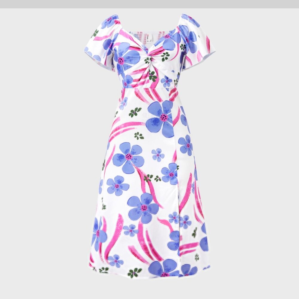 Floral Print Smocked Back V-neck Summer Vacation Dress